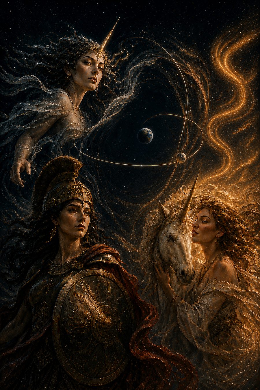Trois figures sous l'orbite de la Terre et de la Lune : en haut la corne seule au front, en bas Athéna casquée et la Licorne.